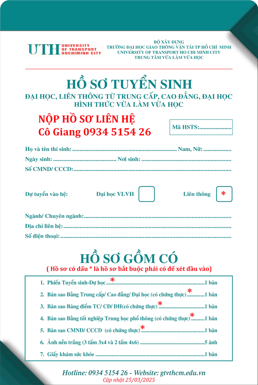Hồ sơ Tuyển sinh hệ Liên thông - Đại học Giao thông vận tải TPHCM