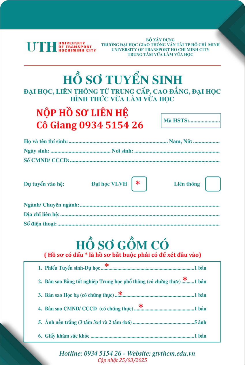 Hồ sơ Tuyển sinh hệ Vừa học vừa làm - Đại học Giao thông vận tải TPHCM